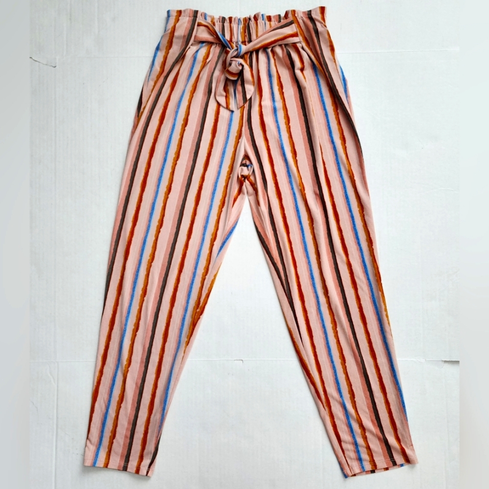 BCBG Women's Pink Striped Paperbag Waist Pants Size XS Tapered